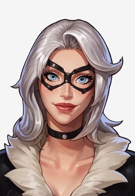 safe_pos, score_9, score_8_up, score_7_up, score_6_up, score_5_up, score_4_up, blackcat, silver hair, lipstick, blue eyes, domino mask, mask, chocker, black bodysuit, upper body:1.2, latex, fur trim, breasts, white background, looking at viewer