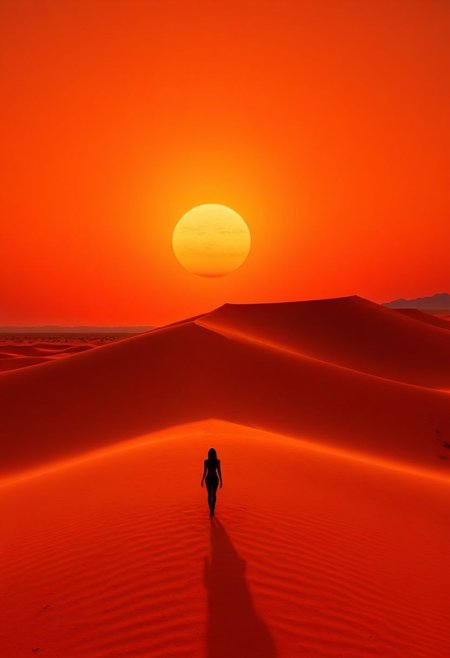 ispzxll, diorama, isometric, miniature, volumetric lighting style, intricate details, desolate, dusty sky, iconic shot, isolated, lonely, orange sky, red dirt, walking away, golden hour, epic, setting sun on horizon, film scene, slim female figure silhouette