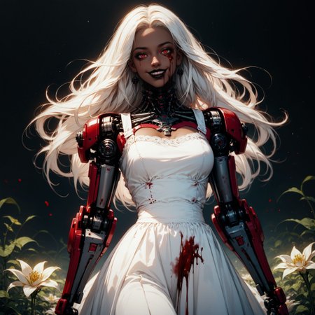 (score_9, score_8_up, score_7_up, zPDXL),
BREAK
(outdoors:1.0), (tall flowers:1.1), (lycoris flower:1.0), (red spider lily flower:1.0),
BREAK,
dark-skinned female,  (cowboy shot:1.1), (1girl:1.0), (white hair:1.1), (white dress:1.1), (sadistic:1.0), (evil:1.0), (sinister:1.0), (hysterical:1.1), (smiling:1.0), (psycho:1.1), (bloodstains:1.1), (blood splatter:1.1), (covered in blood:1.2), (blood:1.2), (CryingBlood:1.0), (looking at viewer:1.0), black lipstick, red skinhighly detailed, female focus, robot, cyborg , android, mechanical arms, cybernetic neck, bionic torso, bionic skin
BREAK,
(horror:1.0), (noir:1.0), (red:1.1), (crimson:1.1),
BREAK
thick lineart, sharp edges, cel shading, linear hatching, black and white comic-noir aesthetics, film noir atmosphere, high contrast, duotone,