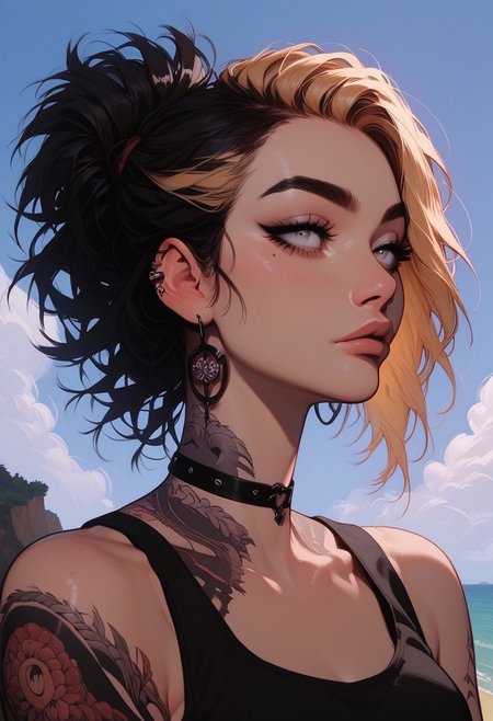 Score_9, Score8_up, Score_7_up, (((High Resolution, Best Quality))), 
1girl, solo, Covered in Tattoos, her hand on her head, brushing hair behind ear, black hair, blonde streak in hair, 
Tanktop, cutoff, choker, 
On a Cliff overlooking a beach, Cloudy Sky,