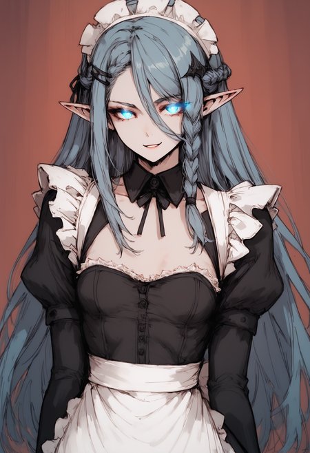 score_9, score_8_up, score_7_up, solo, upper body portrait, naughty traditional art, lineart, fully clothed,
1girl, elf, white skin, colored skin, blue eyes, dark blue hair, long hair, small breasts, glowing eyes, smug, long braid, hair ornament,
looking at viewer, black dress, maid apron, maid headdress, maid dress, puffy sleeves
dark fantasy,
<lora:Black_souls_style:0.8>, <lora:Expressive_H:0.3>, <lora:cutesexyronutts_style_xl:0.8>, <lora:GTHAN:0.8>,
