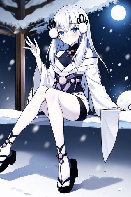 <lora:YukiOnnaYGOv2-20:0.8>, 
YukiOnnaYGO, IceMayakashi , 1girl, small breasts, sandals , solo, looking at viewer, snow storm , blush, sitting, night, snow, winter, dark, pale skin, full moon, bare legs, thighs
