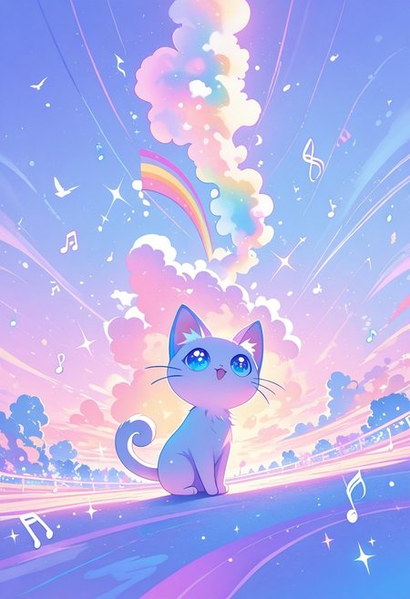 a cute cat standing upright,big and expressive eyes, fluffy fur, playful demeanor,
musical note, rainbow, sparkle, sunlight, bird, 
pastel colors, colorful,
masterpiece, high score, great score, absurdres,detailed skin,photo,realistic,
sometyome_illu, abstract, S4ilor_style_illu, ethereal lighting, dreamy atmosphere, ethereal lighting, dreamy atmosphere, whimsical, enchanted