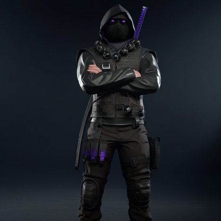 male focus, holding gun, long sleeves, weapon, knee pads, crossed arms, hood up, rifle, leather, sheathed, sword