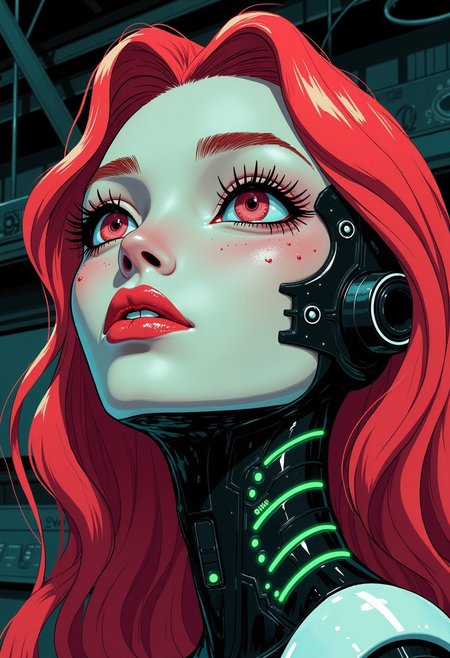 <lora:ck-Goro-Fujita:1>, digital artwork in the style of ckgf, A mesmerizing close-up portrait of an alien woman, her striking features blending extraterrestrial elegance with subtle mechanical elements. Her skin has a smooth, otherworldly texture, adorned with small, organic patterns. Her long, wavy hair cascades around her face, but in the Virtualboy-style palette of red, white, and black. Mechanical elements are seamlessly integrated into her face and neck—sharp, angular pieces emerge like delicate circuitry. The chiaroscuro-inspired lighting brings deep contrast, with bold shadows enhancing her alien beauty. The background features a cyberpunk workshop, and the limited palette emphasize the alien and mechanical features, while a soft green glow outlines parts of her face and hair, creating a futuristic yet nostalgic visual reminiscent of early handheld gaming
<lora:ck-nc-pastel-cyberpunk:0.3>
<lora:ck-MetalGearSolid:0.25>
<lora:RetroAnimeFluxV1:0.25>