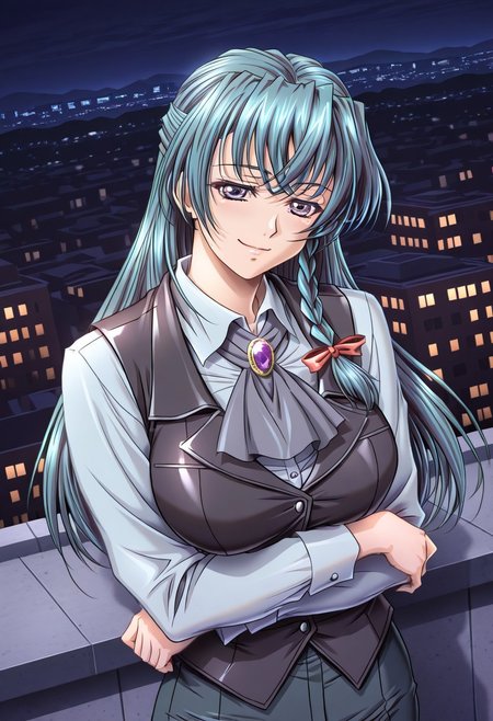 masterpiece, best quality, newest, highres, uncensored, 1girl, yokota mamoru style,1girl, slender face，motion lines, ,Kisaragi Shizuka,Long hair,Teal hair,Tiny Braid,Violet eyes,large breasts,, half updo, bow, long sleeves, vest, ascot, gray ascot, black vest, collared shirt, gemstone,, city skyline, rooftop view, night time, city lights, quiet reflection, smile, looking at viewer, crossed arms, smug, solo,, dutch angle, cowboy shot