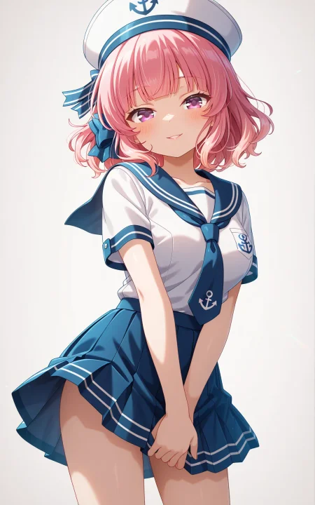 masterpiece,best quality,good quality,amazing quality,newest,4k,perfect lighting,cinematic,very aesthetic,official art,anime screencap,anime coloring,(white background,simple background:1.5),
1girl,solo,nitta moeka,purple eyes,pink hair,short hair,blue hair bow,
m_marine,serafuku,sailor hat,white shirt,short sleeves,blue necktie,sailor collar,anchor symbol,anchor emblem,blue skirt,pleated skirt,miniskrt,thighs,
seductive smile, looking at viewer,facing viewer,standing,cowboy shot,BREAK
<lora:ILmoeka2:1>