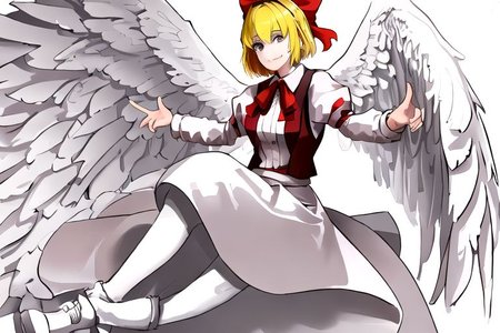 solo_focus, 1girl, ((white background, simple background)):2, (((masterpiece))), ((best quality)), ((ultra-detailed)), high resolution, absurdres, highres, ultra-detailed 8k unity wallpaper, 
solo, 1girl, gengetsu, 
arcueid_\(tsukihime\), 
solo, 1girl, smile, short_hair, shirt, breasts, blonde_hair, bow, long_sleeves, skirt, ribbon, dress, yellow_eyes, hair_bow, thighs, collared_shirt, red_bow, wings, vest, bowtie, black_pantyhose, red_vest, pink_shirt, red_bowtie, feathered_wings, pink_dress, open_vest, white_shirt_white_skirt, white_shoes, blonde_short_hair, red_head_bow_ribbon, one_piece_head_bow_ribbon, bow_ribbon, white_angel_wings, white_drees, brown_vest, wear_outside, twin_wings,