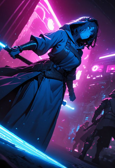 (masterpiece), best quality, (4K), (cinematic blue lighting), Colorful, vibrant, spot color, highly detailed, sharp, high resolution, 4K, UHD, 8K, masterpiece, ultra_high_resolution, OverallDetailXL, sci-fi, medieval neon lights, gloe, dramatic contrast, extraordinary, hyperrealistic, cinematic lighting, complex, immersive, intricate, 1girl, solo, jedi outfit, led, hooded cloak, holding blade, lightsaber, dynamic angle, stance, ultra highres, absurdres, deep glow effect, hdr, light particles, cinematic lighting, depth of field