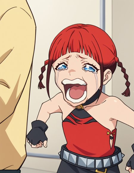 score_9, score_8_up, score_7_up, source_anime, <lora:chise-asukagawa-s1-ponyxl-lora-nochekaiser:1>, chise asukagawa, short hair, blue eyes, braid, red hair, multicolored hair, mole, twin braids, gradient hair, mole under mouth, anime screencap,, skirt, gloves, bare shoulders, jewelry, belt, fingerless gloves, bracelet, sleeveless, red shirt, black skirt,, hospital room, bedside, get well flowers, comforting, quiet, smile, <lora:chopper-crying-ponyxl-lora-nochekaiser:1> chopper crying, chopper crying (meme), meme, wavy eyes, crying, tears, teeth, open mouth, tongue,, looking at viewer, solo,, dutch angle, cowboy shot