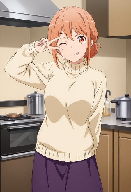 anime screencap, masterpiece, best quality,
<lora:YahariOreNoSeishunLoveComedy_Gahamama_IlluXL:0.9>,
1girl, solo, closed mouth, smile, upper teeth only, one eye closed, v, v over eye, tongue out,
single hair bun, orange hair, orange eyes,
turtleneck sweater, yellow sweater, sweater out, long skirt, purple skirt,
cowboy shot, standing, looking at viewer,
kitchen, indoors, blurry background