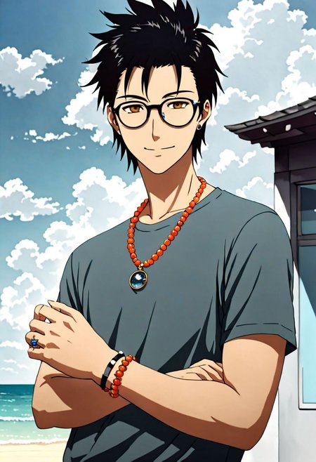 Highres, Masterpiece, High Quality, 4K, 8K, solo, 1Boy, Soujirou Agata, brown eyes, black hair, sunny, cloudy, posing, candid, sweet smile, photo model, earrings, necklace, bracelet, anklet, ring, fake glasses, easynegative, detailed_eye_model