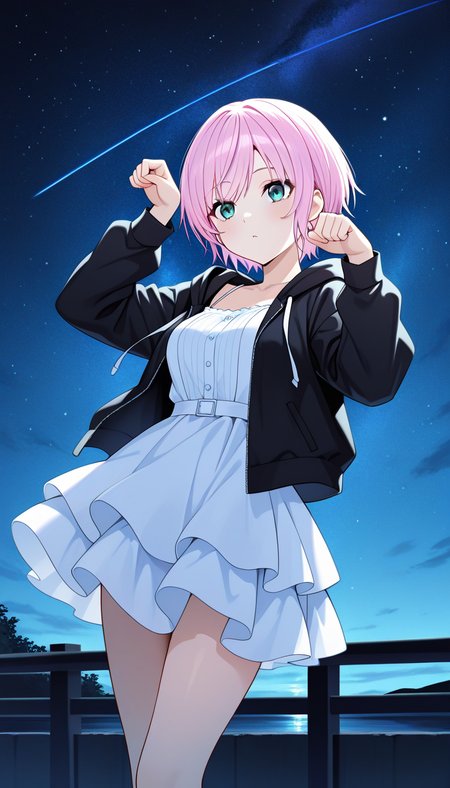 masterpiece, best quality, very aesthetic, absurdres,
solo, 1girl,

nijiriri, blue eyes, green eyes, pink hair, short hair,

sundress, layered skirt, hooded jacket, black jacket,

night, cat pose, outside, stars in sky,