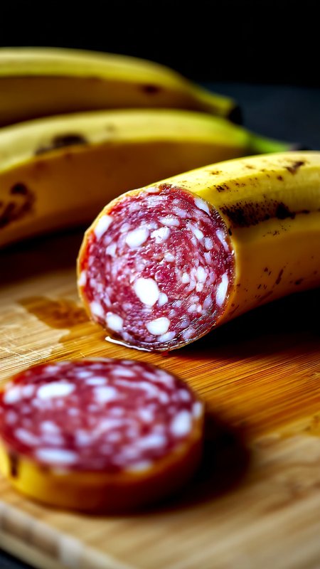 The image shows a close-up of a sliced banana with a piece of salami inside it. The banana is yellow with some brown spots, indicating it is ripe. The salami is pinkish-red with small white pieces, likely fat or another ingredient. The salami slice is placed on a wooden cutting board, and there is another piece of salami next to it. The background is blurred, focusing attention on the banana and salami. cinematic photography Nikon D850 105mm lens 8K, film grain, textured skin, dramatic lighting, RAW photo, highly detailed