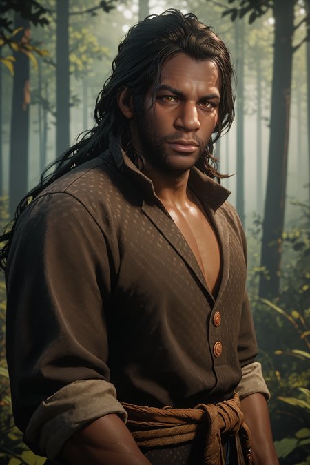 score_9, score_8_up, score_7_up,
<lora:RDR2Charles:0.8>
RDR2Charles, 1boy, black hair, brown eyes, long hair, facial hair, dark skin, looking at viewer, standing in a Dark forest with moonlight filtering through, mysterious and serene