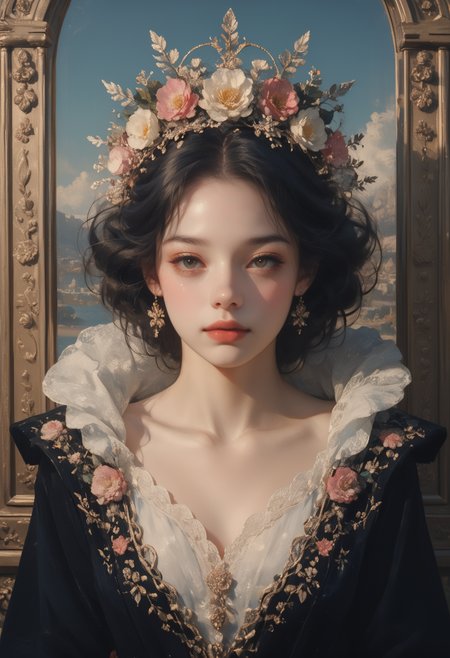 score_9, score_8_up, score_7_up, the girl of the dear shell wearing floral crown, occlusion shadow, specular reflection, rim light, unreal engine, artgerm, artstation, art by hiroaki samura and ilya kuvshinov and ossdraws, high quality, intricate detailed 8 k, fantasy illustration, extremely beautiful and aesthetic shape of face and body, movie poster