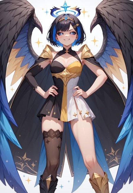 score_9, score_8_up, score_7_up, score_6_up, score_5_up, score_4_up , (1girl), Shion Tachibana, short hair, black hair, multicolored blue hair, blue crystal eyes, two tone hair, hair ornament, masterpiece, best quality, absurdres,
(split theme, dual persona, polar opposites:1.3),
angel girl, demon girl, (asymmetrical clothes), white dress, black dress, multicolored dress, asymmetrical dress, gold tiara, spiked tiara, broken halo, dark halo, angel wings, (demon wings, mismatched wings, asymmetrical wings), golden cape, black cape, mismatched legwear, asymmetrical legwear, armored boots,
clouds and stars, golden gates, sparkles, sparkling scales, slit pupils, sharp focus, (glossy gold clothing, glittering gold fabric),
feet out of frame, standing, straight-on, legs apart, hands on hips, clenched hands, looking at viewer, smirk, smug, black sclera, mismatched sclera, 
intricate, highly detailed, majestic, shallow depth of field, movie still, circular polarizer