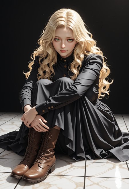 masterpiece,best quality,amazing quality,very aesthetic,absurdres,newest,detailed eyes, realistic body, detailed, woman, 1girl, light smile, sitting, on ground, marble floor, black and white floor, tile floor, simple background, black background, black dress, long dress, hugging own legs, blonde hair, long hair, wavy hair, green eyes,  long sleeves, brown footwear, boots, buttons, 
<lora:NOOB_vp1_detailer_by_volnovik_v1:0.6>, <lora:spo_sdxl_10ep_4k-data_lora_webui:1>,