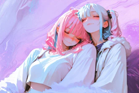 liquid_marbling, k3go-eee, leist0_illu, no lineart+++, high contrast, vivid,
2girls, yuri, light smile, head on another's shoulder, cute, hands in another's hair, blushing, pink hair, blue hair, silver hair, short hair, medium hair, wavy hair, no bangs, cropped bangs, side ponytail, streetwear, cool clothes, jacket, sweater, crop top, fluffy clothes, dress, 

abstract background,

masterpiece, best quality, amazing quality, very aesthetic, absurdres, highres, newest, HDR, 8K, high detailed,