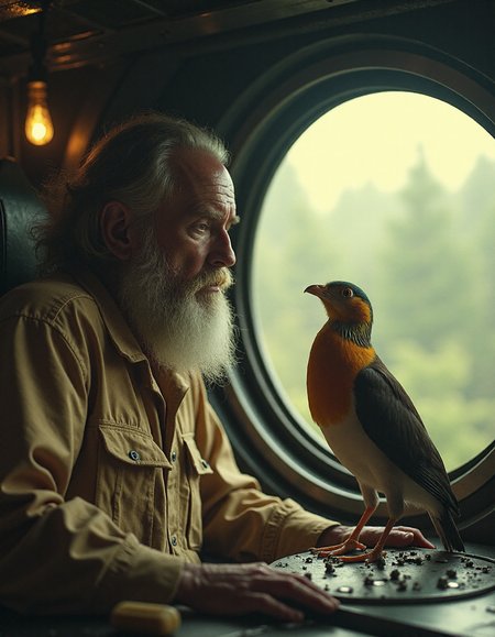 Photo of an old bearded man in a spaceship investigating a finch., (VCTRN:1.2), analogstyle,  faded photograph <lora:e377b7657231499e9165dad83cdeb312_pytorch_lora_weights:1>  <lora:amateurphoto-6version:0.4> <lora:35mm_joycap:0.4>
