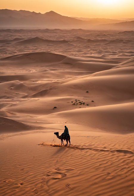 A solitary nomad in flowing robes traverses a vast desert landscape. Sand dunes, camel, oasis in the distance, sunset, wind, footprints, extreme close-up, portrait.