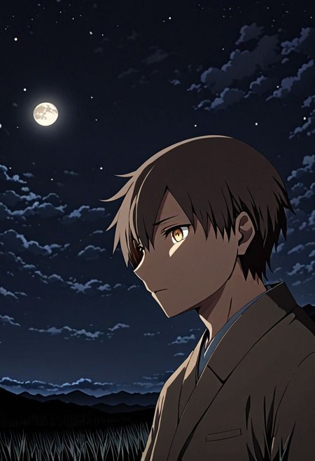 high resolution, solo, best quality, 1Boy, Takaki Toono, Brownish Hair, Brown Eyes, open space, night sky, moon, OverallDetail