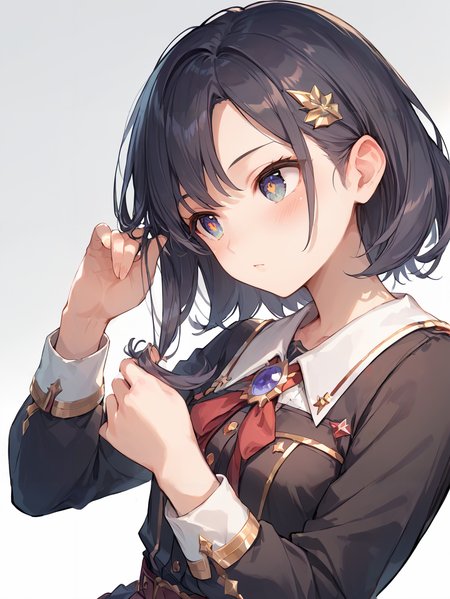 score_9, score_8_up, score_7_up,source_anime, high res image,masterpiece,best quality,(girl:1.0),cute face,clear skin,shiny hair,ultra detailed eyes,simple background,   <lora:playing with own hair_pony_V1.0:1> playing with own hair, blush,looking away
