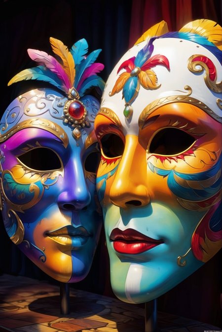 Colorful theatrical masks, cultural festival, vibrant colors, detailed patterns, surreal, fantasy, high resolution, best quality, photorealistic, whimsical, artistic, dynamic composition, lively atmosphere, rich textures, cultural heritage, storytelling, intricate designs, festival lights.
<lora:add-detail-xl:1.0>,
<lora:EnvyBetterHiresFixXL01:1.0>,
<lora:extremely_detailed:1.0>, extremely detailed, 
<lora:EldritchMixIllustration_1.1:0.75>,