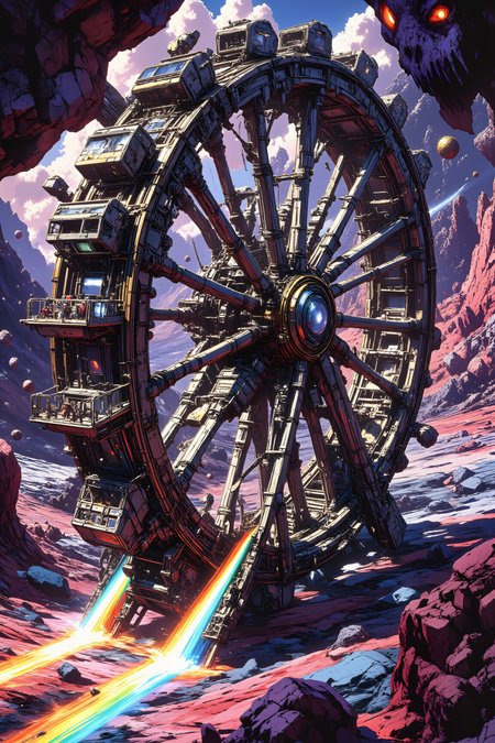 A massive wheel-shaped vessel rolls across plains of magnetic crystals, collecting specimens that float upward. The wheel's spokes are made of transparent metal showing complex machinery within, while its rim is studded with observation pods made of brass and glass. Travelers inside walk on floors that constantly reorient to stay level. The magnetic crystals below pulse with colored light where the wheel passes, creating rainbow paths across the plain. , detailed background  Fantastic lighting. Detailed shadows.intricate details, vivid colors, hyper-detailed, ultra-sharp, <lora:RetroAnimeFluxV1:0.65><lora:flux.1_lora_flyway_ink-dynamic:0.6><lora:New_Fantasy_CoreV4_FLUX:0.8>