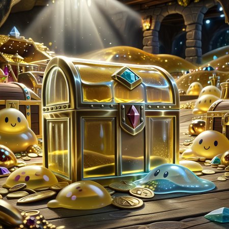 chalice made out of slime, fancy cup made out of slime, fancy chalice made out of slime, Detailed chalice made out of gold slime, Gem-studded slime chalice, multi-colored gems made out of slime, in a room of treasure made out of slime,  gold coins and bars made out of slime, wood-like treasure chest made out of slime, wood-colored slime chest, 
treasure-room, treasure, treasure chest, gemstone, coins, gold bars, gold pile, 
everything made of slime, No simple background,
((translucent slime)), ((transparent slime)), (bioluminescent slime), sl1m3, slime, great lighting, even lighting, no bright spots,