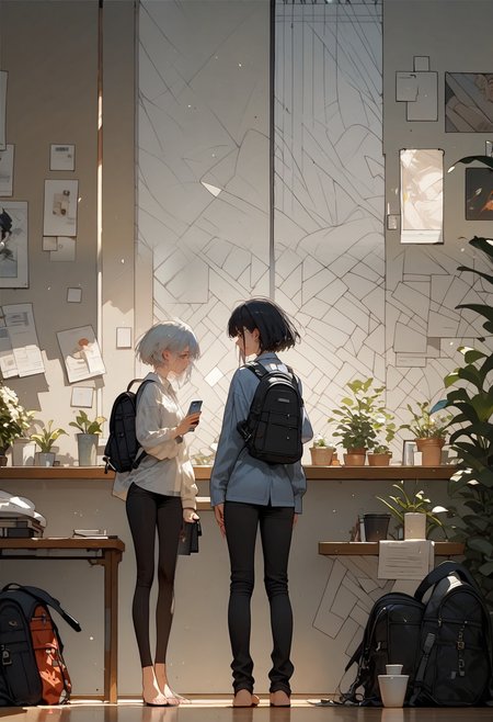score_9, score_8_up, score_7_up, score_6_up, score_5_up, score_4_up, source_anime, 2girls, 18yo, (slim face:1.5), (bangs:1.2), skinny, thin body, wide hips, thin thighs,.<lora:age_slider_v4:2> <lora:Expressive_H:1><lora:Kenva:0.8> <lora:naipf:0.6>.full body, short hair, female focus, pants, bag, backpack, phone, holding, standing, cellphone, (art panels, art gallery, :1.5), from behind