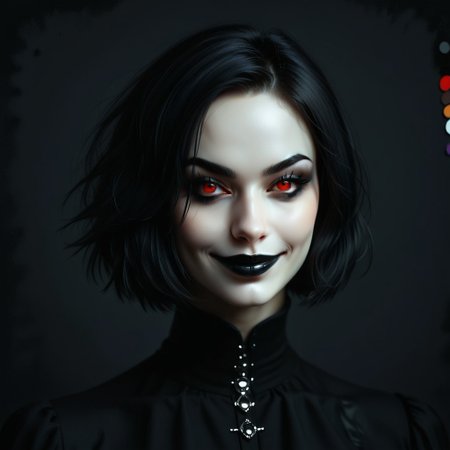 portrait of girl, purple and black hair, bob haircut, black background, black lipstick, vampire girl, dark makeup, long eyelashes, high contrast, vibrant color palette, red eyes, black clothes, detailed face, sharp details, realistic digital painting, evil grin