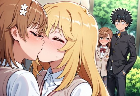 masterpiece,best quality,amazing quality,very aesthetic,absurdres,newest,huge filesize,
<lora:spo_sdxl_10ep_4k-data_lora_webui:0.5>,
<lora:add-detail-xl:1>  anime coloring,uncensored,
<lora:Forced_to_Watch_NTR:1>Forced_to_Watch_NTR,
only 3preson,
2girls,1 boy,hetero, 
kiss, looking at another, 
bush,
boy kiss girl ,
closed eyes,
forced to watch, 
(one girl  standing at background is looking at couple kissing, sad, tearing up), 
BREAK
toaru kagaku no railgun, official art, 
kamijou touma, school uniform, 
BREAK
misaka mikoto,  short hair, 
BREAK
shokuhou Misaki,