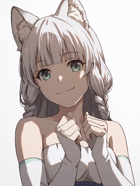 score_9, score_8_up, score_7_up, score_6_up, source_anime, masterpiece, best quality, BREAK, 1girl, white background:1.2, simple background, <lora:Shigure_PDXLv1:0.8> shigure \(kemono michi\), wolf girl, white thighhighs, white fingerless elbow gloves, bare shoulders, masterpiece, best quality, standing, upper body, looking at viewer, smile,
