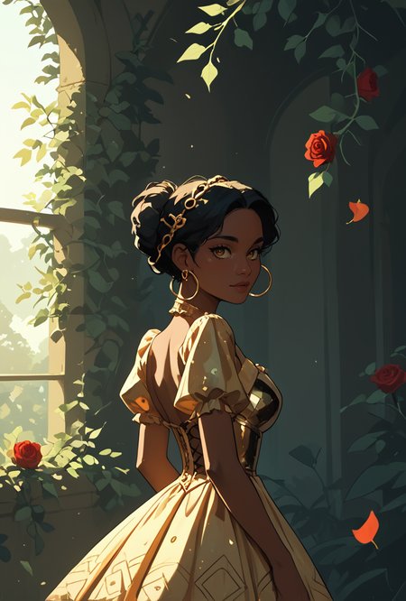 core_9, score_8_up, score_7_up,1woman,youngh, sub-saharan african, rose gold top knot hair, chestnut eyes, gothic frill dress, pervert face, dappled lighting, sunlight filtering through leaves, creating a romantic and whimsical atmosphere