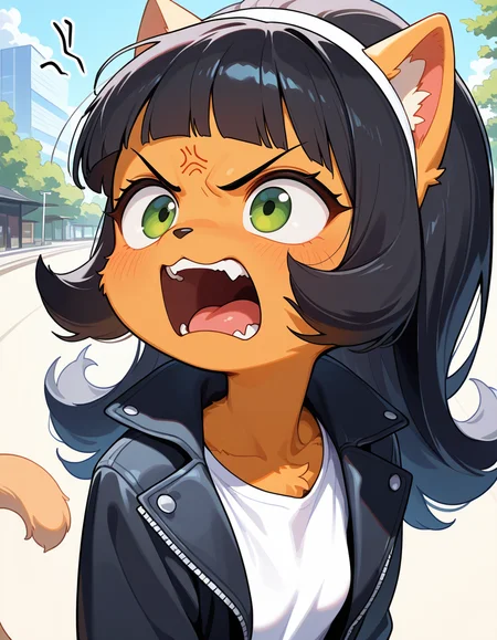masterpiece, best quality, very aesthetic, absurdres,
outdoors, 
headshot, face focus, 
angry, open mouth, anger vein, 
white t-shirt, black jacket,
<lora:Kitty_Katswell_v01_NAIXL:1>
K1tty_Kat6w3311, 1girl, solo, furry, furry female, animal ears, long hair, black hair, hairband, blunt bangs, flipped hair, green eyes, animal nose, body fur, orange fur, cat tail,