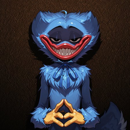 masterpiece, amazing quality, ultra-detailed, no humans, male focus, solo, huggy_wuggy, blue fur, yellow hands, pawpads, neck ribbon, blue ribbon, black eyes, sharp teeth smile, grin, evil grin, smirk, half-closed eyes, narrowed eyes, shiny eyelids, steepled fingers, own hands together, looking at viewer, upper body, body fur, fluffy body fur, extra fluffy, lanky, skinny, deer tail, blue tail, straight-on, red lips, chest tuft, shoulder tuft, raised eyebrows, shaded face, 
BREAK 
patterned background, shadow, perfect lighting, score_9, score_8_up, score_7_up, score_6_up