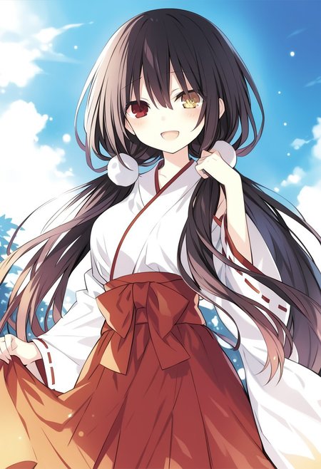 8k, highres,novel illustration,best quality, masterpiece, highly detailed,1girl,solo,date a live,tsunako,tokisaki kurumi,long hair,black hair,twintails,low twintails, heterochromia,clock eyes,symbol-shaped pupils,yellow left eye, red right eye, breasts,medium breasts, floating_hair, 
jyojifuku, miko, red hakama,
smile, open mouth, standing,  looking at viewer, outdoors,