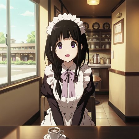 masterpiece, best quality, amazing quality,1girl, solo, kotenbu_series_chitanda_eru, sitting on chair, maid, long hair, purple eyes, black hair, maid headdress, braid, enmaided, open mouth, hair over shoulder, smile, coffee shop, looking at viewer, day, <lora:Chitanda_Eru_-_Kotenbu_Series:0.7>