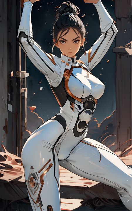 ((masterpiece, best quality)),  solo, looking at viewer, amazon_woman whit black hair wearing spacesuit, long hair, "Doubtful expression", "Messy bun hairstyle" hair, "Reaching up as if stretching" pose , skin tight,  depth of field, light particles,
 <lora:GoodHands-beta2:1>,
<lora:BrazilianWomanAmazon_V1.0:1>,
<lora:muscle_slider_v1:2>,
<lora:weight_slider_v2:-1>,
<lora:hair_length_slider_v1:1>,
 <lora:spacesuitV1.0:0.6>,
 <lora:wuxia2:0.6>,
 <lora:Background_Detail_v3:1>,
<lora:IvoryGoldAIv2:0.7>