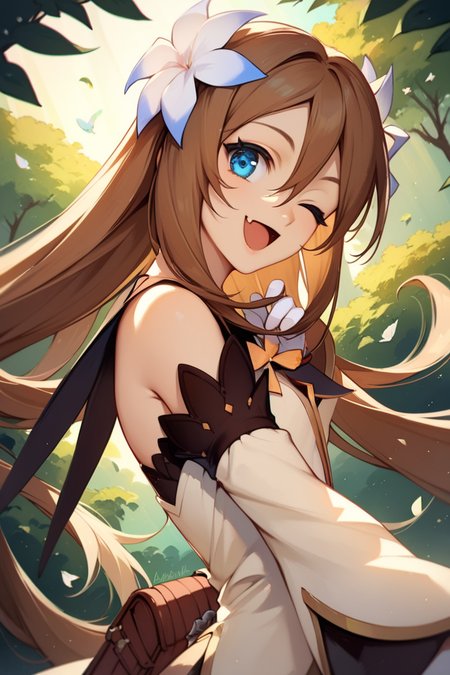 score_9, score_8_up, score_7_up, very aesthetic, source_anime, detailed, high quality, beautiful, masterpiece, detailed eyes,
<lora:lightXL:0.8>
forest, light beams,
cowboy shot, looking at viewer,  upper body,
smile, open mouth, fang, from side, wink,
<lora:marta_autismConfetti_v01:0.95>
marta lualdi, blue eyes, brown hair, long hair, dress, hair ornament, hair between eyes, detached sleeves, knee boots, white gloves, miniskirt, black thighhighs,, zPDXL