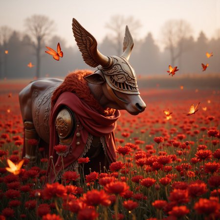 This hyper-realistic photo depicts the sculpture of a cow painted to vividly resemble MaleniaNorm, complete with her crimson clothing and intricate prosthetic limb, on its head the scultpure has the distinct beautiful winged helmet of MaleniaNorm completely covering its eyes and the brass wings complementing its natural horns, standing in a field of red flowers seemingly glowing burning slightly from embers and bright red butterflies that seem to be magically on fire.
There is a slight haze over the scene which goes in crimson and brass autumn-like colors, the early morning sunlight gives the surroundings a slightly fuzzy but rich color