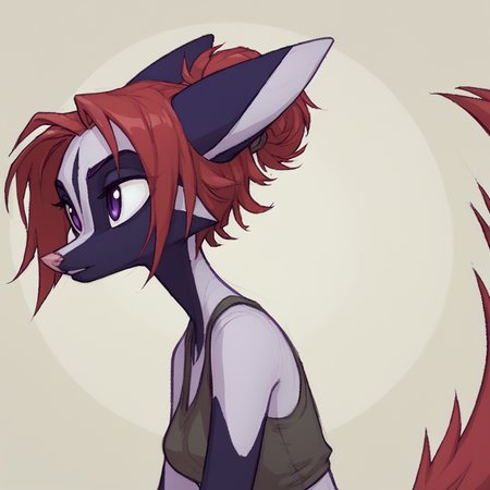 , <lora:Indi_and_Digo_Marallang:0.8>,
score_9,score_8_up,score_7_up,Indi_and_Digo,
1girl,solo,colored fur,pink and pruple,red hair,tail,portrait