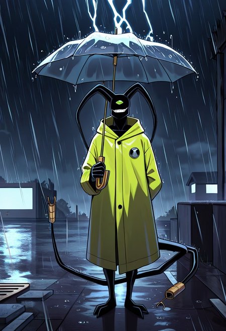 masterpiece, best quality, amazing quality, very aesthetic, absurdres, newest
feedback, solo, smile, , tail, 1boy, no humans, green eye, single eye, , digimon (creature), black skin, , alien, , , cables, , 
raincoat, holding umbrella, raining, heavy reain, dark sky, thunder, struck by thunder,