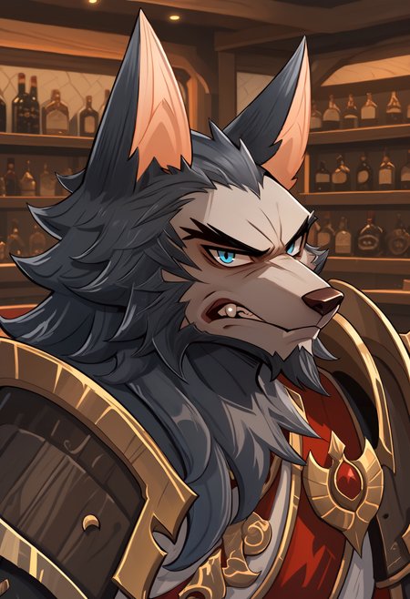 score_9, score_8_up, score_7_up, 8k, detailed design, detailed background, detailed characters, masterpiece, anthro only, furry only, solo, 1boy,  tidus (afk),1boy, armor, facial hair, shoulder armor, grey fur, animal ears, blue eyes, fang,spiked pauldrons, wolf boy, close up, looking at viewer, angry, closed mouth,  inside, bar,