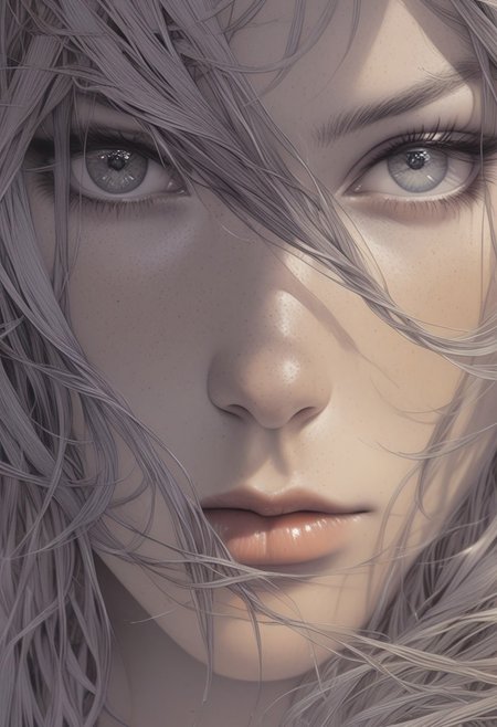 Artwork  by moebius, there is a woman with long hair, naoto hattori, mark brooks and brad kunkle, style of aesthetic, comic book artwork portrait of a young woman 22yo, she has a striking light gray eyes, long eyelashes and well-defined eyebrows, catchlights, portrait masterpiece, perfect beautiful face , (light freckles:0.3) , sparkling eyes, sad expression, intimate and engaging portrait with a sense of mystery,  ethereal abstractions, background is minimalist, duo-toned color graded, finely detailed, beautiful cleavage, simmetry, high budget,  sharp focus, intricate fractal details, analog drawing ,  eye catching, drab, <lora:eye_catching:0.4> ,<lora:MoebiousXL:1>