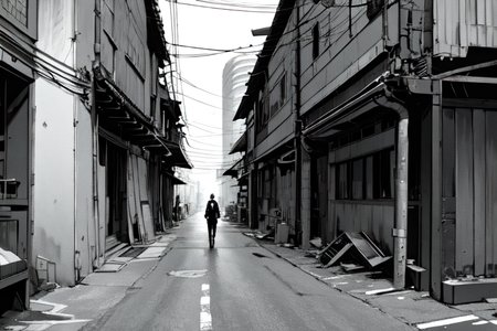 highly insanely detailed, masterpiece, top quality, best quality, highres, 4k, 8k, RAW photo, (very aesthetic, beautiful and aesthetic),  
tsutomu nihei,nihei_tsutomu,blame!,blame gakuen!,abara,TNstyle,sidonia_no_kishi,cables,tubes,industrial pipes, 
<lora:blameLora_v10:0.6>, 
(1girl:1.3), 
solo focus, 
OldTaipei,scenery,outdoors,building,power lines,city,alley,street,road,motor vehicle,utility pole,âââ