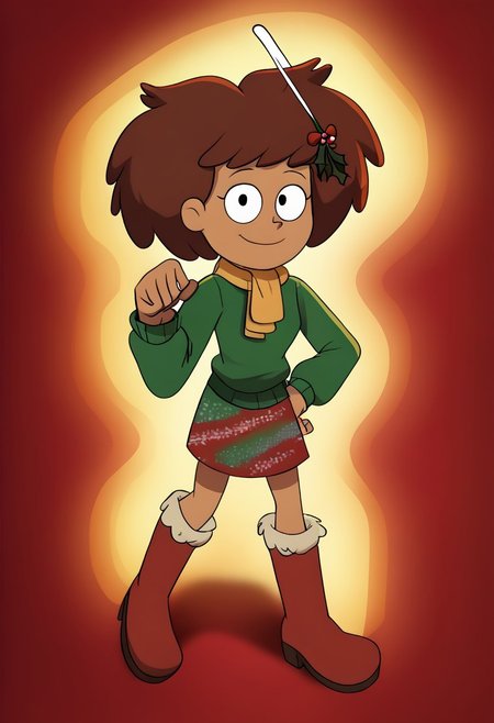 deadinsidestyle, channeboonchuy, , from above, , furry boots, plate skirt, , green jumper, , yellow scarf , christmas , candycane in hair, mistletoe in hair , solo