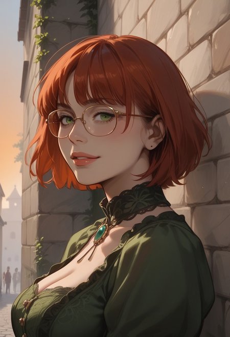 score_9,score_8_up,score_7_up,score_6_up,score_5_up, masterpiece, best_quality, ultra-detailed, from side, close up, face focus
BREAK 
1girl, solo, short red hair, bangs, green eyes, aviator glasses, large breasts, standing, smiling, green victorian dress
BREAK
garden, stone wall, cobblestones, sunset, orange sky
