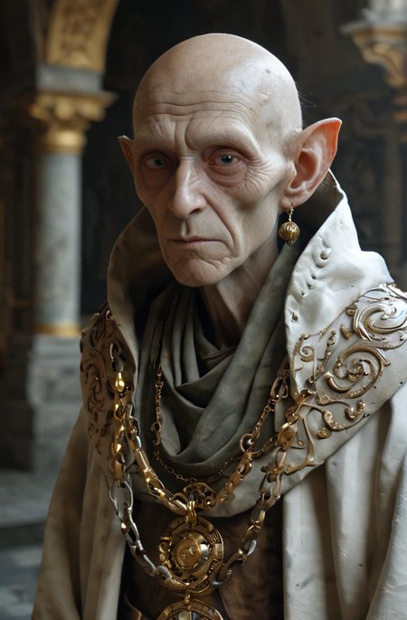 ((full body photo :1.3)), side view, dutch angle, mysterious elderly alien monk from Europa, (realistic highly detailed eyes), eyes are identical and symmetrical, (detailed round  iris in eyes), adorned in flowing robes with gold chains, style of dark white and pewter, standing in a white stone open courtyard, intricate details, epic realism, photographic quality, absurdres, ethereal lighting, award winning illustration by Darek Zabrocki and Pratik Naik and Brian Froud, volumetric lighting, eye contact with viewer  <lora:MJ52:0.2>  <lora:sdxl_lightning_8step_lora:1> <lora:add-detail-xl:2> <lora:eyetuneT:0.6> _perspective_Cinematic Aspect Ratio shot